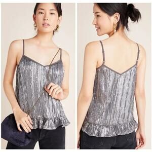 Anthropologie Amelie Beaded Silver Cami Top Womens 6 Ruffle Hem Party Sequins